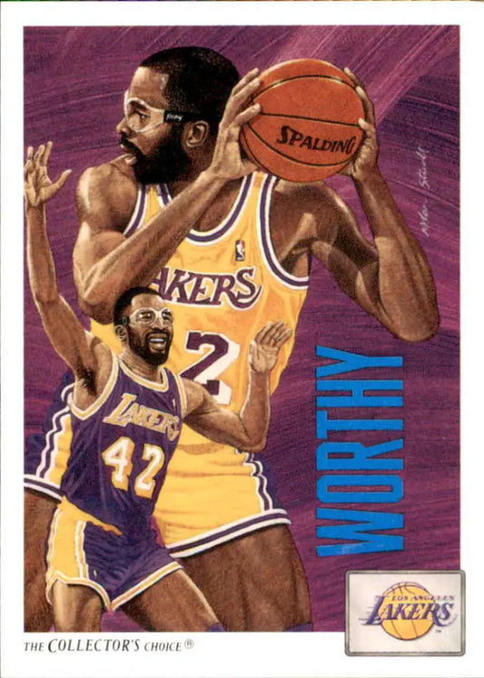 James Worthy in a Lakers jersey holding a Spalding ball for Los Angeles basketball