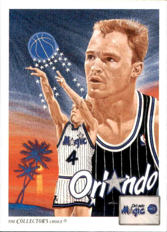 Scott Skiles balancing a basketball on his fingertip in Orlando Magic jersey
