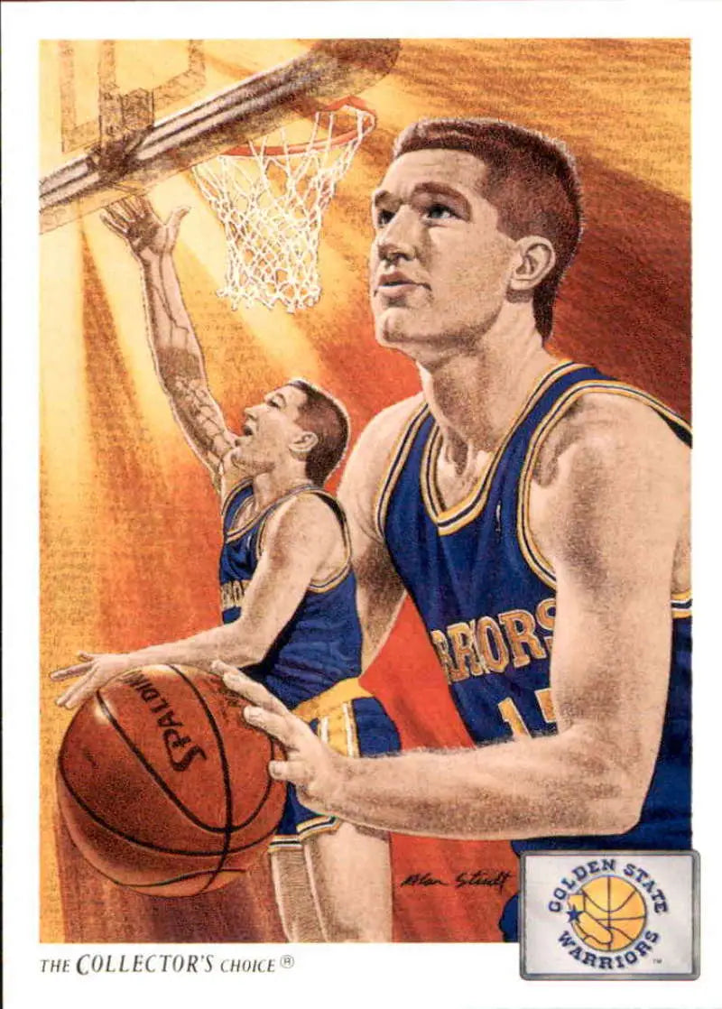 Artistic basketball illustration of Chris Mullin in a blue Golden State Warriors jersey
