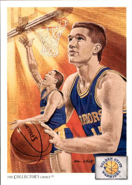 Artistic basketball illustration of Chris Mullin in a blue Golden State Warriors jersey