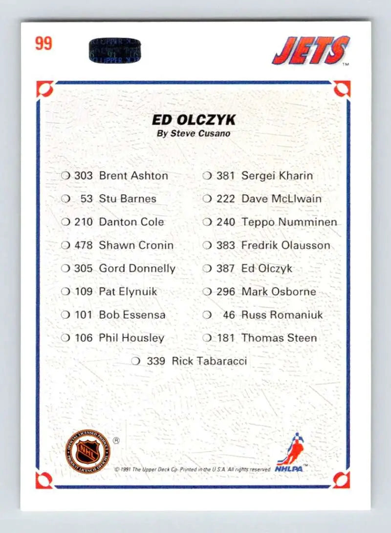 Back of a Winnipeg Jets hockey card listing player names and numbers