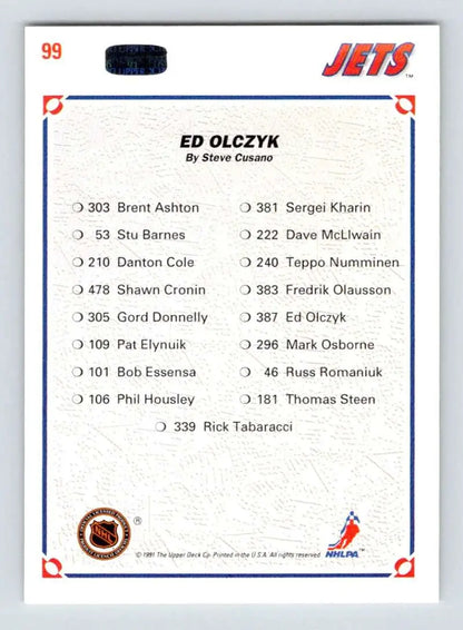 Back of a Winnipeg Jets hockey card listing player names and numbers