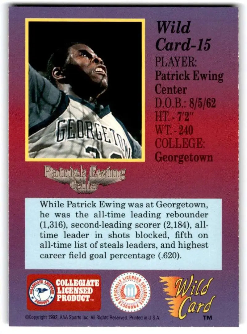 Basketball trading card of Patrick Ewing in dark Georgetown Hoyas uniform