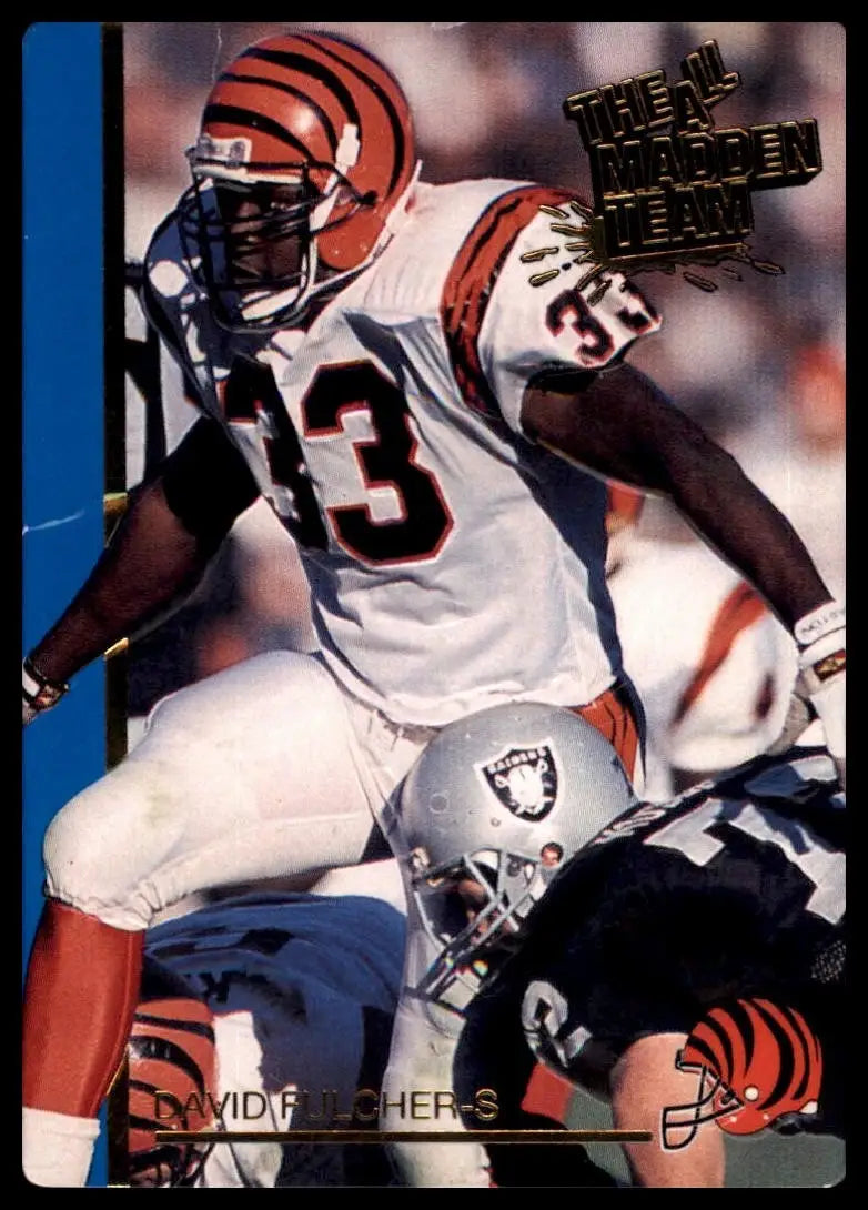 Football trading card featuring David Fulcher in white and orange Cincinnati Bengals uniform