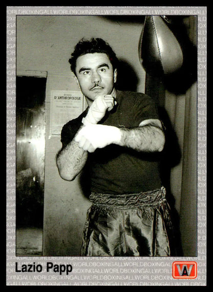 Black and white image of a boxer in training gear for Lazlo Papp NM-MT Boxing Card