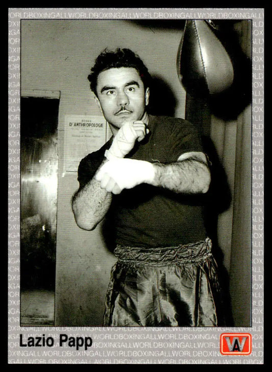 Black and white image of a boxer in training gear for Lazlo Papp NM-MT Boxing Card