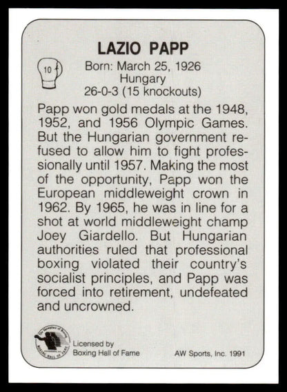 Trading card featuring biographical details about Lazlo Papp, NM-MT boxing card