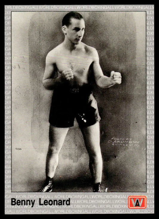 Vintage black and white boxing photograph of Benny Leonard in classic stance for boxing card