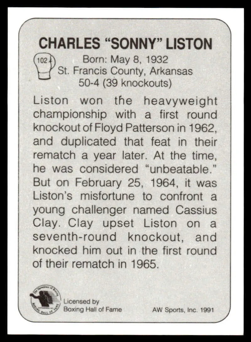 Black and white plaque of Sonny Liston with biography for 1991 NM-MT boxing card