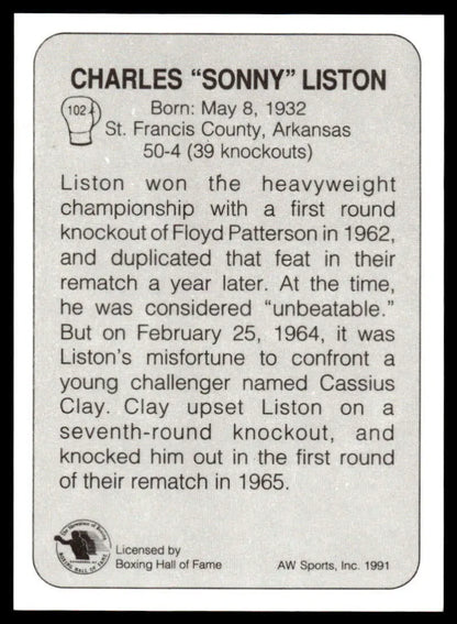 Black and white plaque of Sonny Liston with biography for 1991 NM-MT boxing card