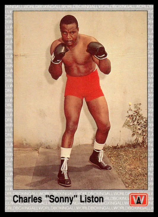 Boxer in red shorts and gloves in fighting stance on Sonny Liston NM-MT Boxing Card