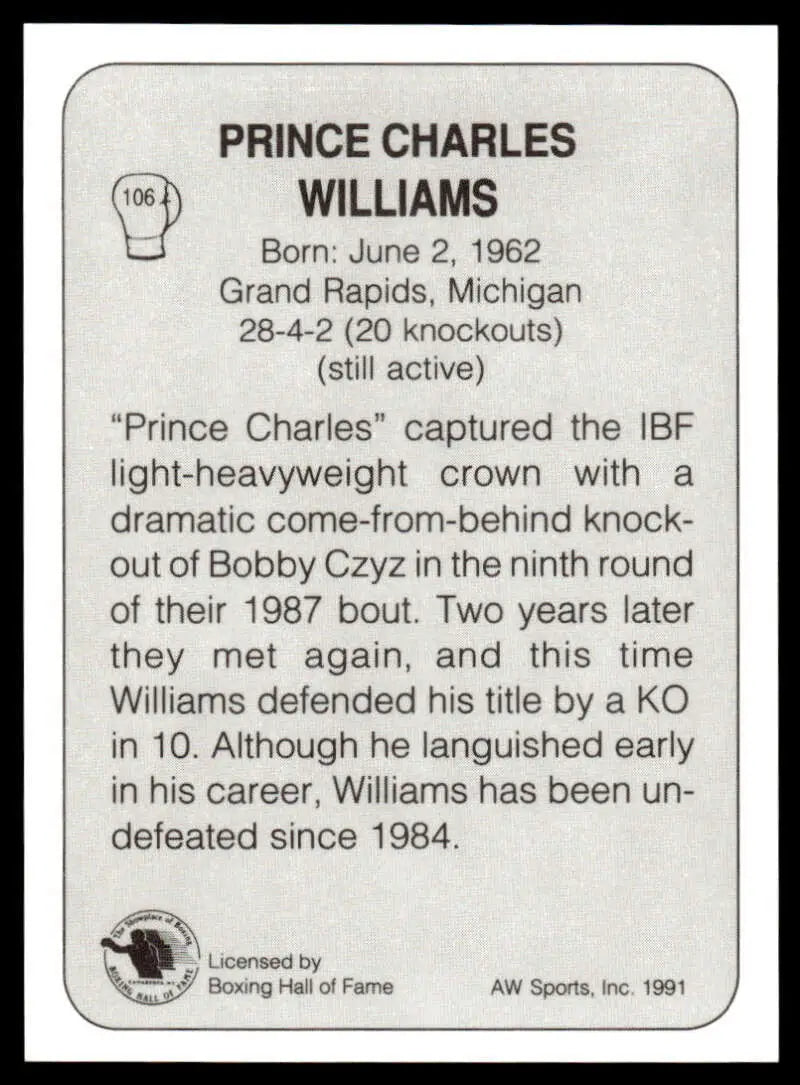 Boxing trading card showcasing biographical details of Prince Charles Williams