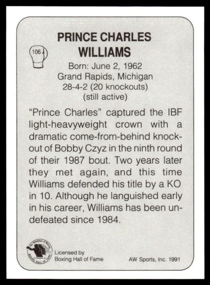 Boxing trading card showcasing biographical details of Prince Charles Williams