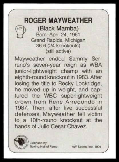 1991 All World #107 Roger Mayweather NM-MT Boxing Card featuring career highlights and stats