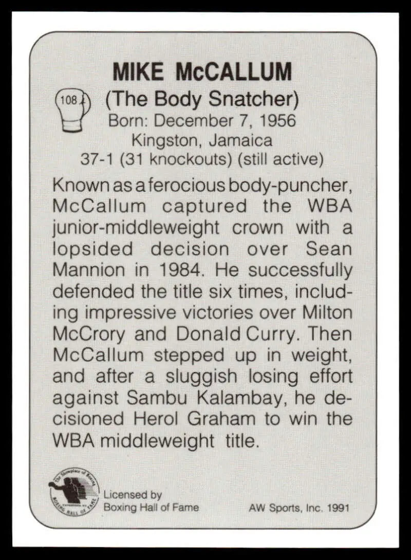 Mike McCallum boxing card featuring biographical info, 1991 All World #108 NM-MT