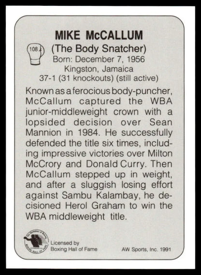 Mike McCallum boxing card featuring biographical info, 1991 All World #108 NM-MT