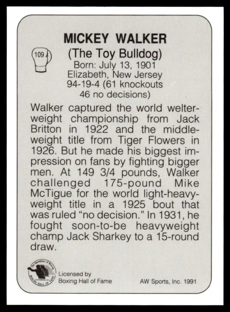 Black and white boxing card showcasing Mickey Walker NM-MT career stats and achievements