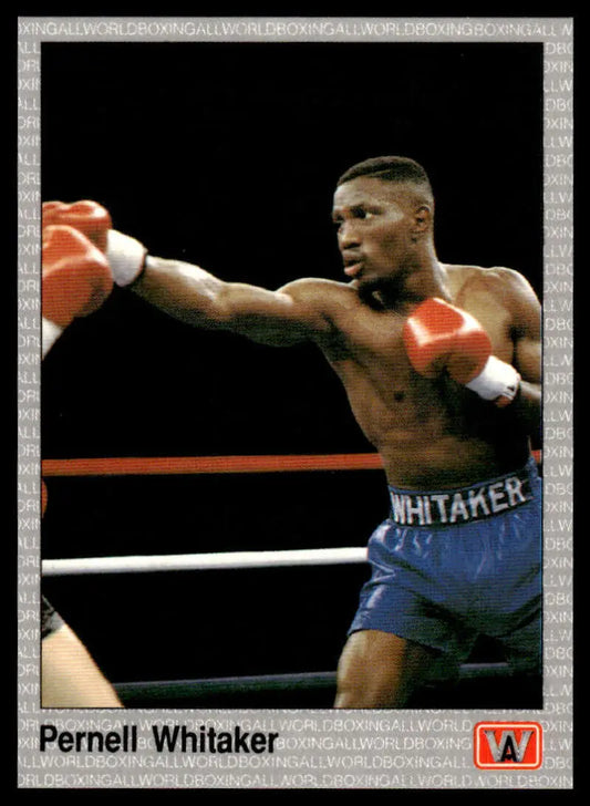 Boxer in blue shorts and red gloves throwing a punch on Pernell Whitaker NM-MT card