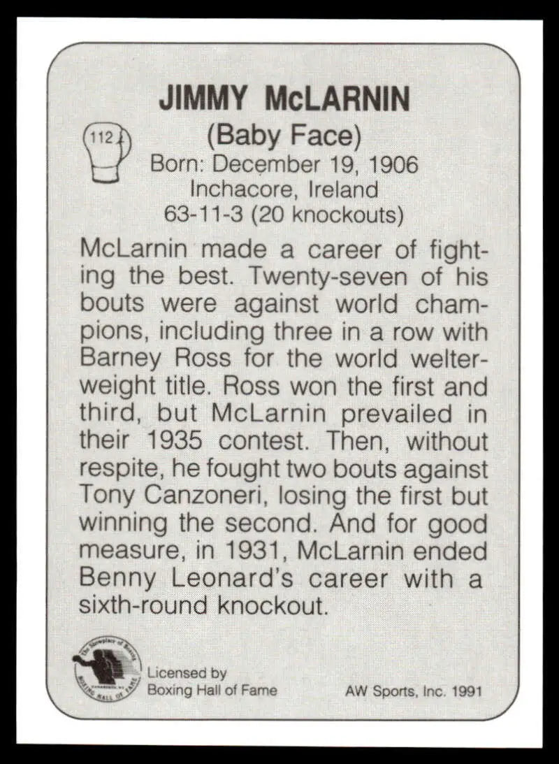Jimmy McLarnin biographical boxing card highlighting his statistics and boxing history