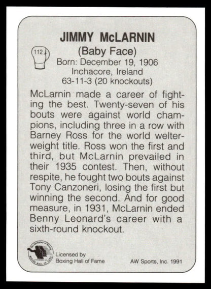 Jimmy McLarnin biographical boxing card highlighting his statistics and boxing history
