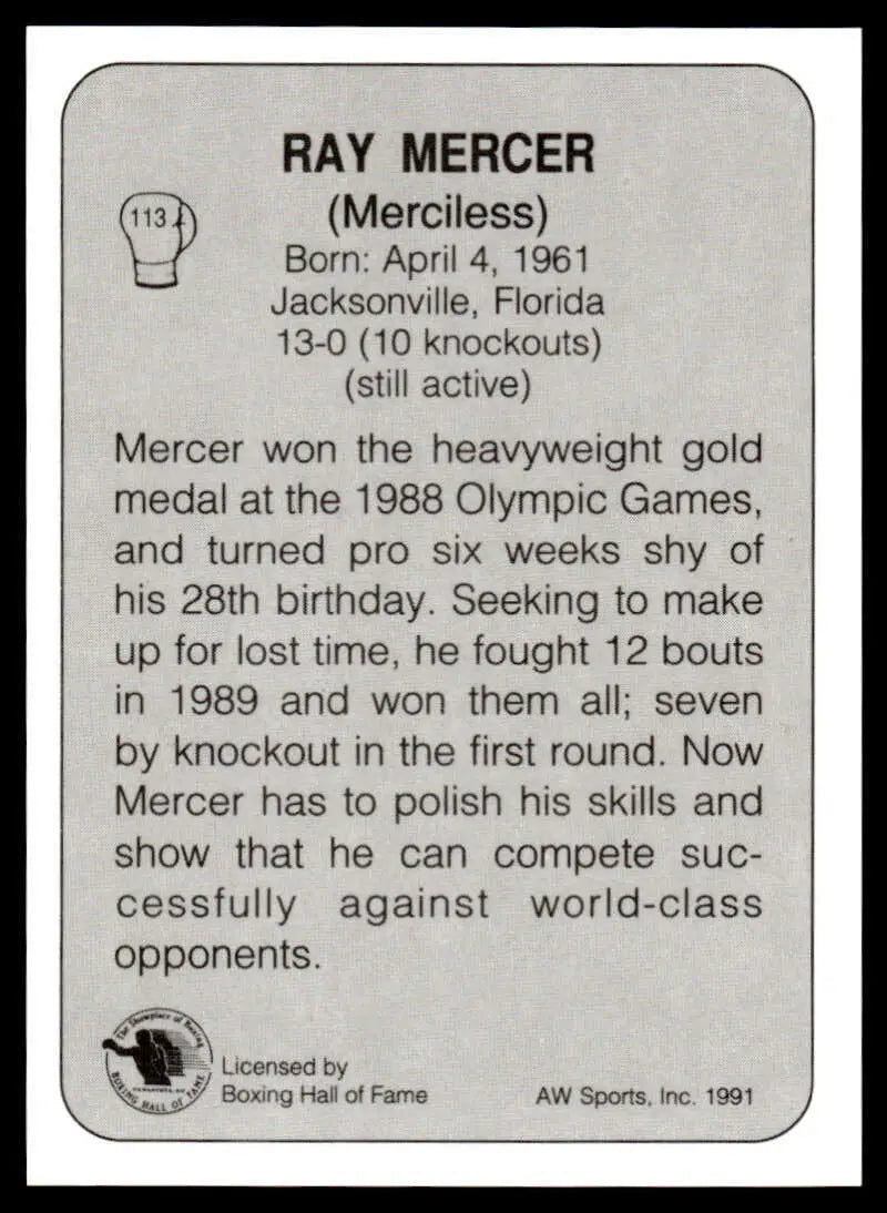 Ray Mercer 1991 All World #113 Boxing Card showcasing his career highlights and stats