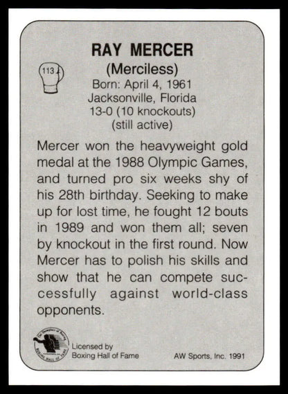 Ray Mercer 1991 All World #113 Boxing Card showcasing his career highlights and stats