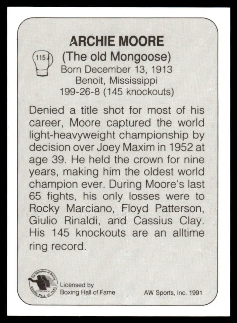 Archie Moore career statistics on 1991 All World NM-MT Boxing Card
