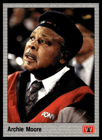 Person in red and black uniform with tie and cap featuring Archie Moore Boxing Card