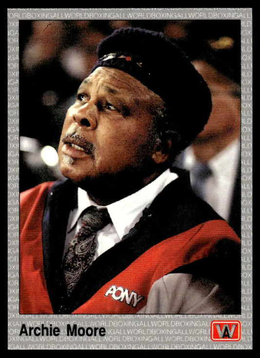 Person in red and black uniform with tie and cap featuring Archie Moore Boxing Card