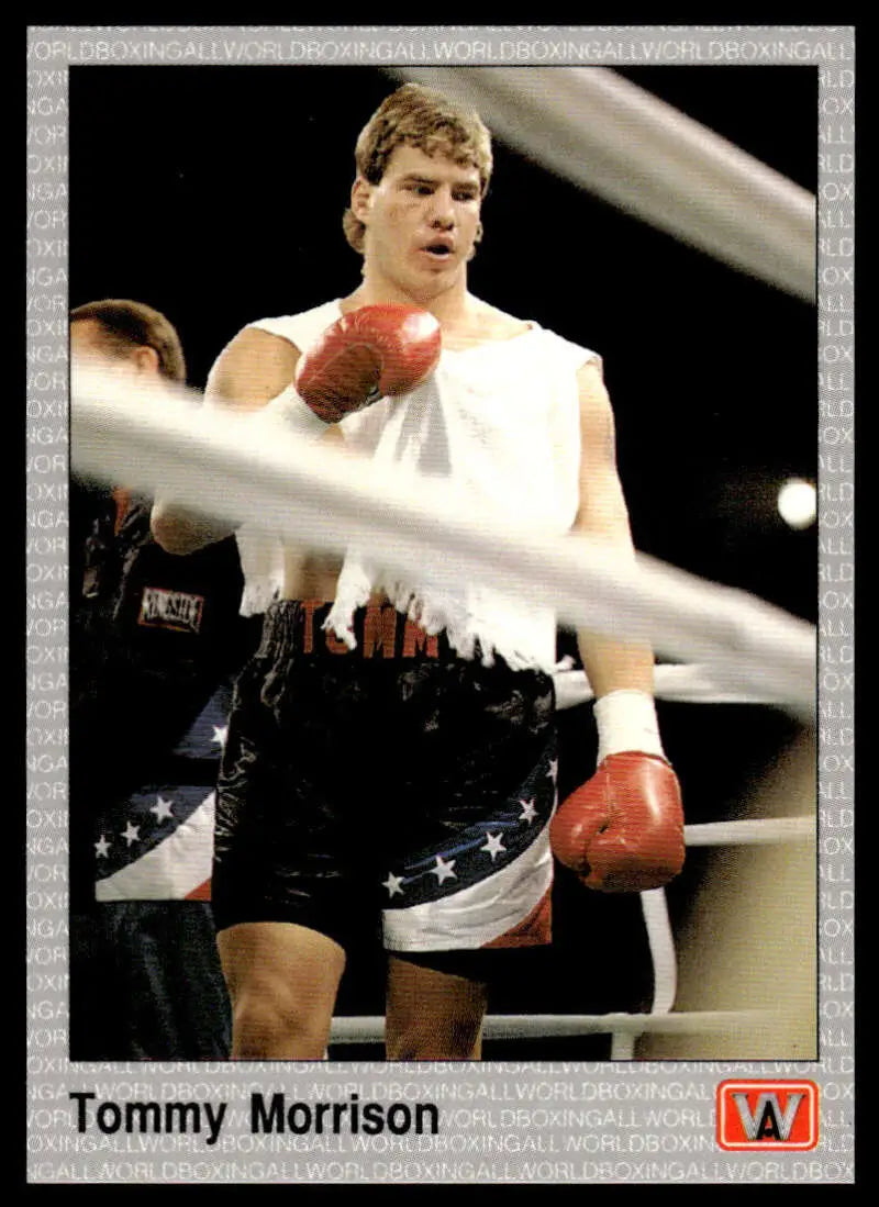 Boxer in black and white star-patterned shorts with red gloves on Tommy Morrison NM-MT Boxing Card