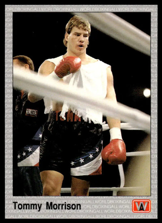 Boxer in black and white star-patterned shorts with red gloves on Tommy Morrison NM-MT Boxing Card