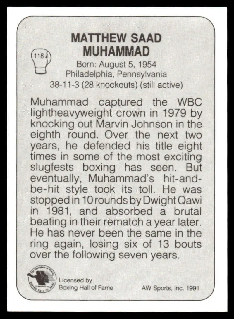 Black and white boxing trading card featuring Matthew Saad Muhammad statistics and biography