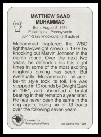 Black and white boxing trading card featuring Matthew Saad Muhammad statistics and biography