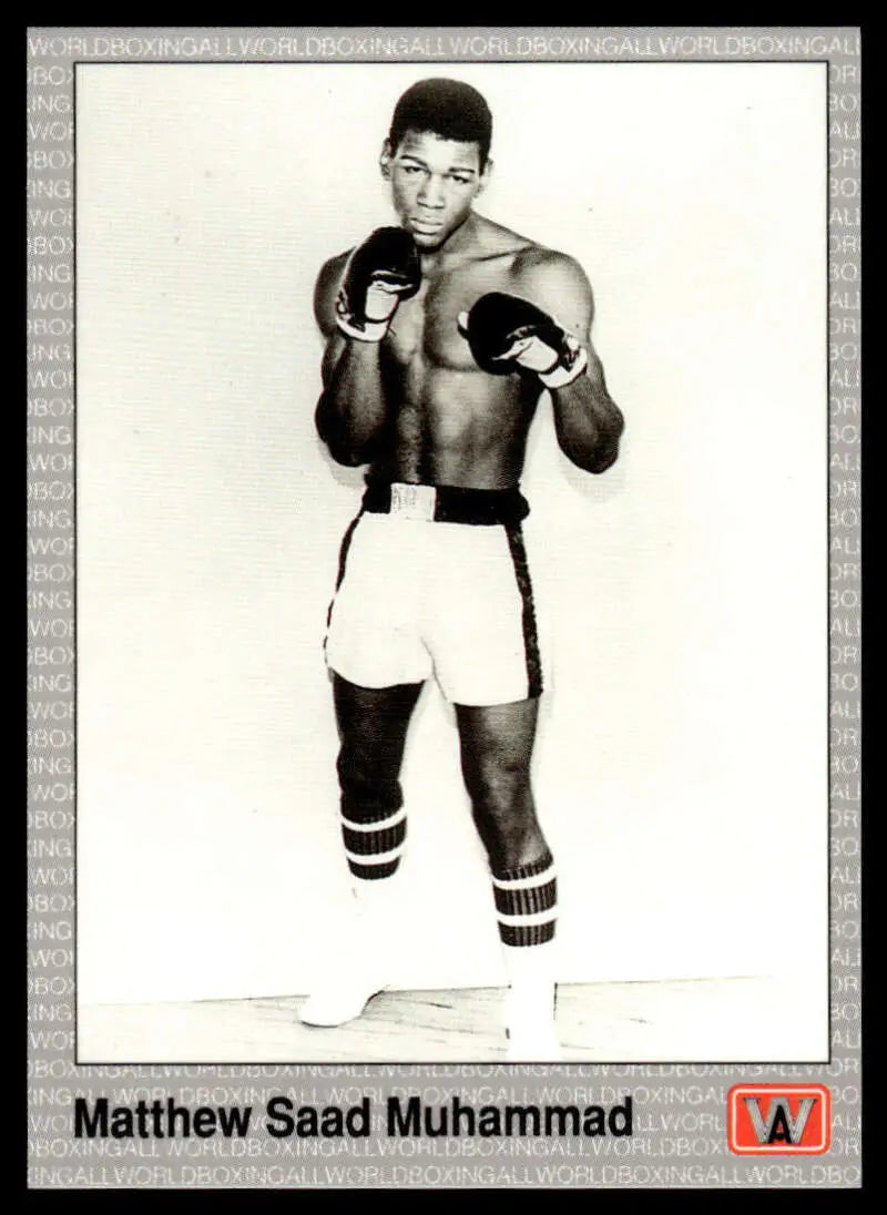 Black and white image of Matthew Saad Muhammad in fighting stance for boxing card