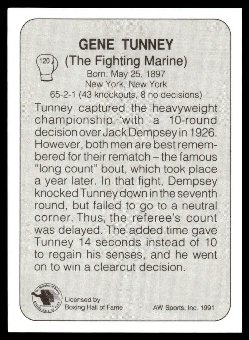 Gene Tunney Boxing Card highlighting the 1926 heavyweight championship long count incident