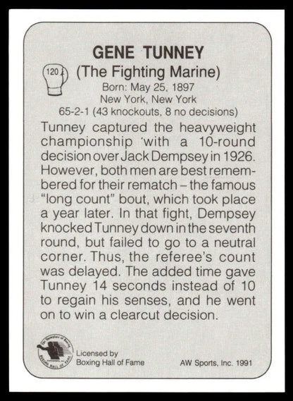 Gene Tunney Boxing Card highlighting the 1926 heavyweight championship long count incident