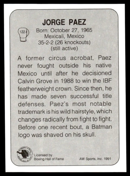 1991 All World #122 Jorge Paez NM-MT Boxing Card with biographical details and stats