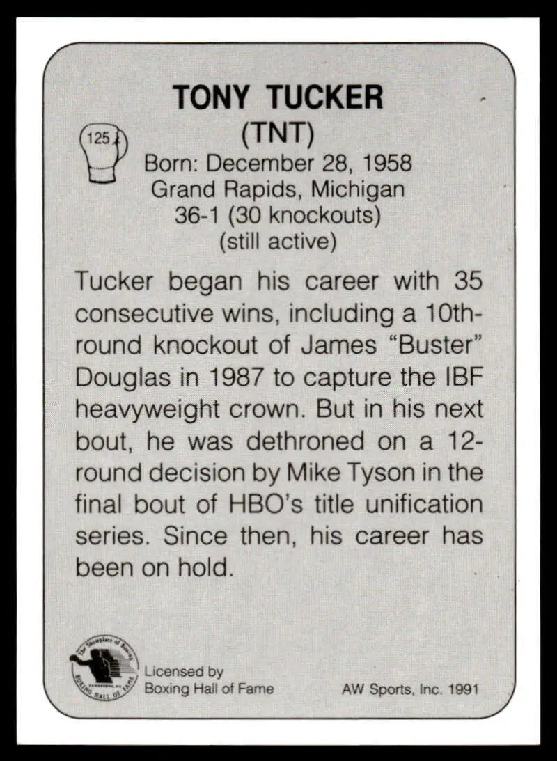 1991 All World #125 Tony Tucker NM-MT Boxing Card featuring biographical information