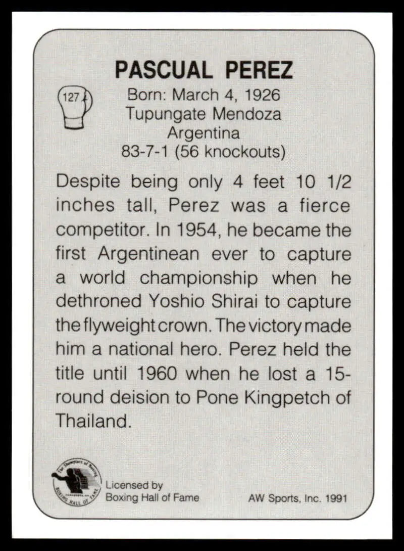 Pascual Perez boxing card featuring stats and biography from the 1950s