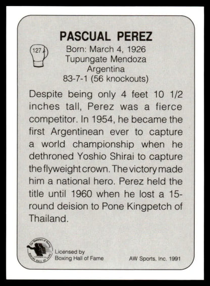 Pascual Perez boxing card featuring stats and biography from the 1950s