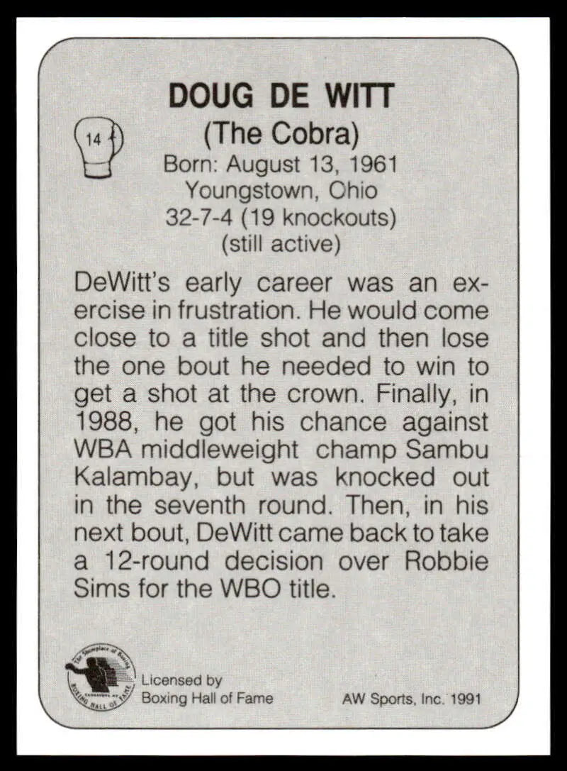 Black and white boxing card of Doug Dewitt featuring biography and stats, NM-MT condition