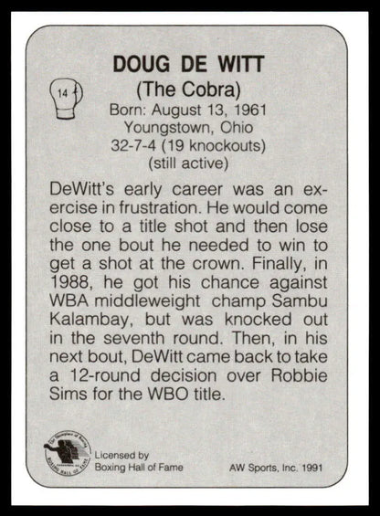 Black and white boxing card of Doug Dewitt featuring biography and stats, NM-MT condition