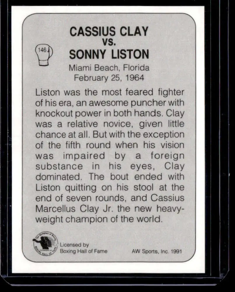 Black and white boxing match card featuring 1964 Clay vs. Liston I for boxing history