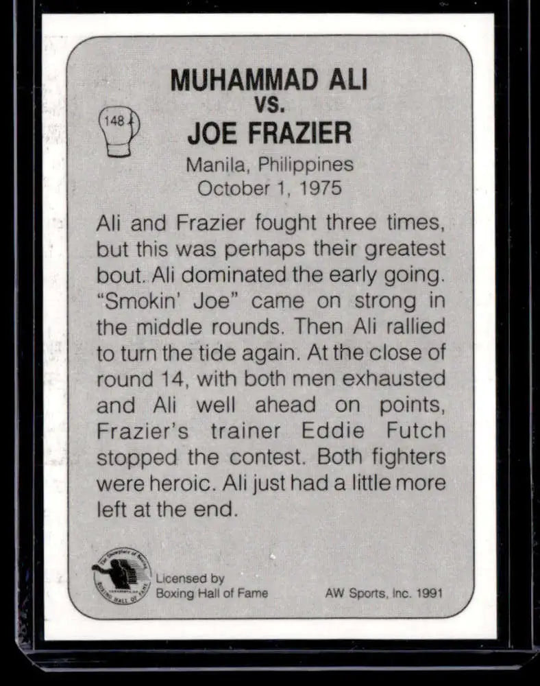 Boxing card featuring the historic 1975 Thrilla in Manila Frazier III NM-MT match
