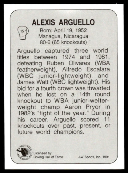 Black and white boxing card featuring Alexis Arguello NM-MT with career highlights