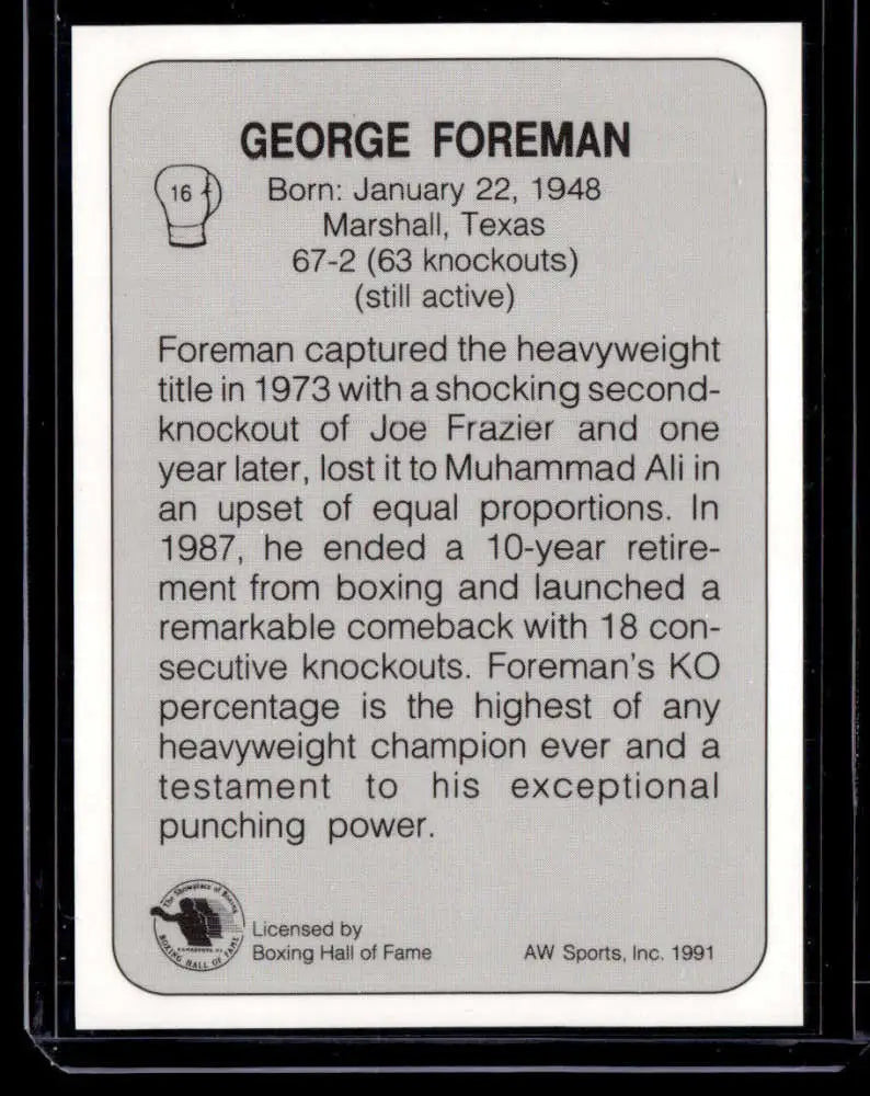 Back of a 1991 All World George Foreman NM-MT boxing card product image