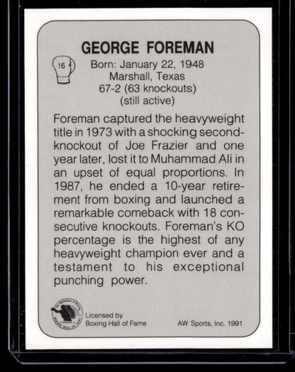 Back of a 1991 All World George Foreman NM-MT boxing card product image