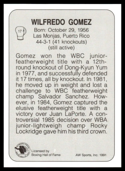 Black and white boxing card featuring Wilfredo Gomez NM-MT with career highlights