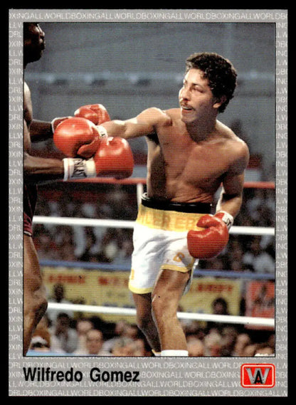 Wilfredo Gomez in white shorts and red gloves, featured on a boxing card