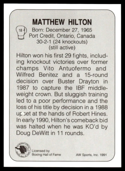 Black and white boxing card featuring Matthew Hilton’s career statistics and fight record